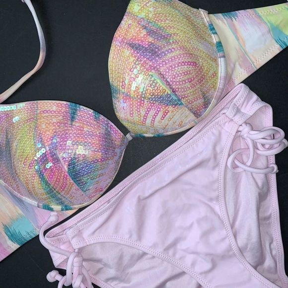 NWT Victoria's Secret 34A BIKINI XS side tie SEQUINED Purple Lilac Pink Teal - Picture 3 of 5
